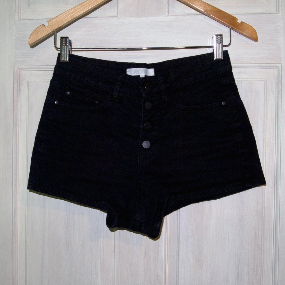 Black Denim Shorts Size 26 Retro Inspired Button Fly Back Pockets Hot Pants